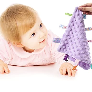 CREVENT Tag Security Blankets for Babies, Soft Small Loveys for Girls, Baby Comforter Sensory Blanket, Great Gifts for Birthday Baby Shower 10"X10" (Purple+Pink Tag, Crib) - Image 2
