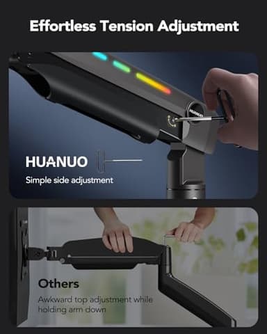 HUANUO RGB Monitor Arm for Ultrawide Screens up to 57″, Heavy-Duty Single Mount Holds 44 lbs, Fully Adjustable Gaming Monitor Arm with C-Clamp & Grommet Base, Max VESA 100 x 100mm - Image 6