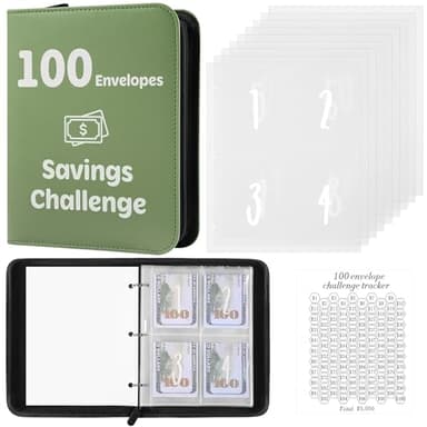 100 Envelopes Money Saving Challenge Binder with Laminated Tracker, PU Money Saving Challenge Budget Binder with Cash Envelopes, Savings Challenge Book with Zipper to Save $5,050 (OliveGreen) - Image 1