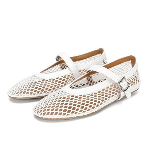 DOEYG Mesh Ballet Flats for Women Round Toe Mesh Flats Ballet Shoes Buckle Strap Mesh Mary Jane Flats Comfy Casual Office Summer Fishnet Ballerina Flats Shoes White - Image 1