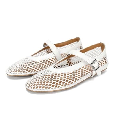 DOEYG Mesh Ballet Flats for Women Round Toe Mesh Flats Ballet Shoes Buckle Strap Mesh Mary Jane Flats Comfy Casual Office Summer Fishnet Ballerina Flats Shoes White - Image 1