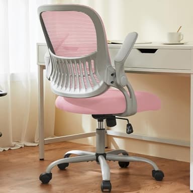 Sweetcrispy Home Office Computer Desk Chair, Ergonomic Mid-Back Mesh Rolling Work Swivel Task Chairs with Wheels, Comfortable Lumbar Support, Comfy Flip-up Arms for Bedroom, Study, Student, Pink - Image 1