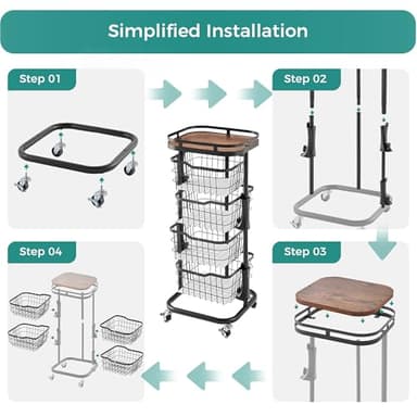 Ocyfym 4 Tier Kitchen Fruit Vegetable Storage Cart with One-Piece Rotating Basket, Pantry Organizer Shelf Rack Floor Stand for Veggie Onion Potato Produce Spice, Rolling Snack Cart on Wheels, Black - Image 9