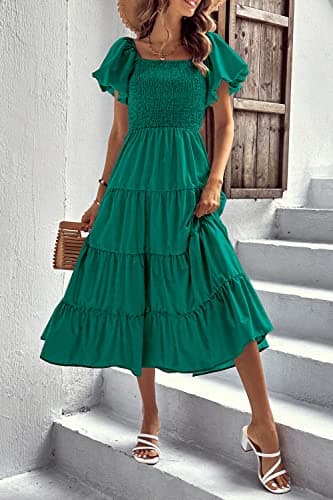 PRETTYGARDEN Women's Casual Summer Midi Dress Puffy Short Sleeve Square Neck Smocked Tiered Ruffle Dresses (Dark Green,Small) - Image 5