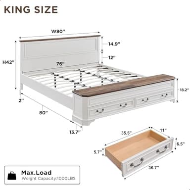 T4TREAM Farmhouse King Bed with Headboard and Storage Bench, Rustic Wood Platform Bed with 80" Storage Chest w/ 4 Large Drawer (Antique White) - Image 2
