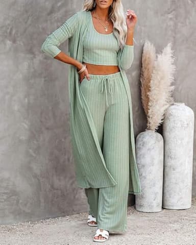 Fessceruna Womens 3 Piece Lounge Sets Pajamas Knit Long Sleeve Cardigan Crop Top Wide Leg Pants Loungewear Set - Image 3