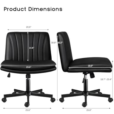 PUKAMI Criss Cross Chair with Wheels,PU Leather Armless Cross Legged Office Vanity Desk Chair for Home Office,Modern Swivel Height Adjustable Wide Seat(Black) - Image 2