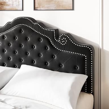 SHA CERLIN Queen Bed Frame with Adjustable Headboard/Velvet Upholstered/Diamond Button Tufted and Metal Studs/No Box Spring Needed/Wood Slat Support/Easy Assembly/Black - Image 4