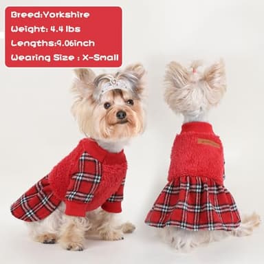 Dog Sweater Dresses for Small Dogs Girl Boy, Plaid Dog Clothes Outfit, Winter Warm Fleece Princess Plaid Dresses, Pet Festival Outfits Apparel Clothing, Small, Red, S - Image 5