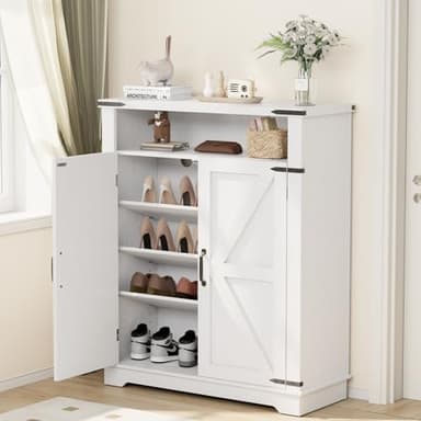 6-Tier Shoe Cabinet with Doors, Entryway Shoe Rack Shoe Storage Cabinet with Adjustable Shelves & Anti-tip Fitting, Farmhouse Shoe Cabinet Storage for Entryway, Living Room, Closet - Image 2