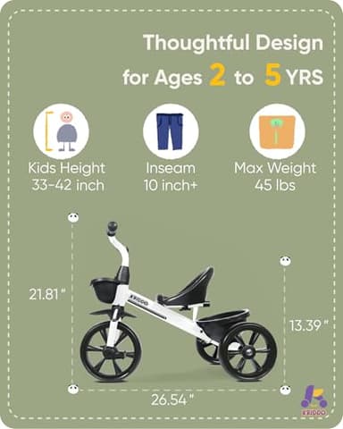 KRIDDO Kids Tricycles for 2-4 Year Olds, Toddler Trike Gift for 24 Months to 4 Years, White - Image 4