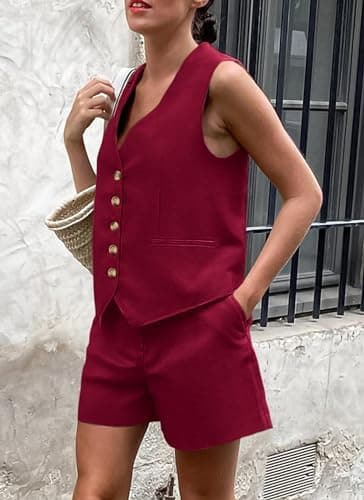 PRETTYGARDEN Women's Summer 2 Piece Outfits Sleeveless Matching Sets Button Down V Neck Vest Waistcoat and Pockets Shorts - Image 6
