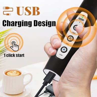 Nahida Black Milk Frother Wand for Coffee, Frother Handheld Rechargeable Electric Whisk Drink Mixer with 3 Heads 3 Speeds Coffee Frother Electric Stirrer For Latte, Cappuccino, Hot Chocolate - Image 2
