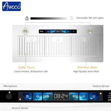 Awoco 36"Wx15"D Ceiling Insert Mount Split Quiet Range Hood with Voice, Gesture, Touch, Remote Controls, 1000 CFM Kitchen Hood with 4-Speed Exhaust Fan, Stainless Steel Stove Hood with 8" Blower - Image 4