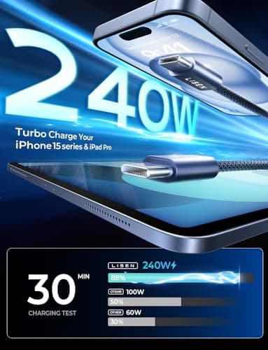 LISEN USB C to USB C Cable Fast Charging Cords 240W Type C Charger Fast Charging Cord Type C Cable for iPhone 16 15 iPad MacBook Pro Air Samsung S25 Switch,3.3ft+3.3ft/2 Pack/Midnight - Image 2