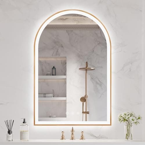 OUMUSU Arched LED Bathroom Mirror 20"x30", Orange Gold Bathroom Mirror with Lights-Anti-Fog, Dimmable-LED Mirror for Bathroom,3 Colors - Image 1