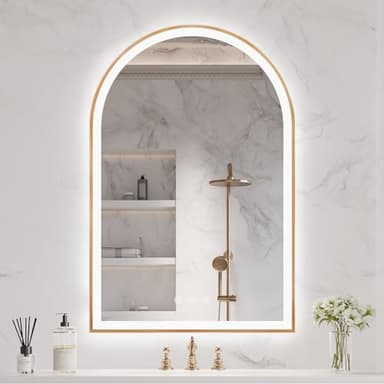 OUMUSU Arched LED Bathroom Mirror 20"x30", Orange Gold Bathroom Mirror with Lights-Anti-Fog, Dimmable-LED Mirror for Bathroom,3 Colors - Image 1