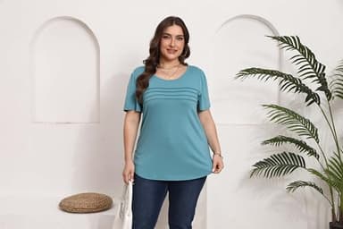 Plus Size T Shirts for Women Summer Short Flare Sleeve Pleated Dressy Casual Scooped Neck Summer Tops Blouses 3X Turquoise - Image 4