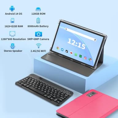 Android 14 Tablet, 10 inch Tablet with Keyboard, 16GB+128GB, 1TB Expand, Octa-Core, 2.4G/5G WiFi, 8000mAh, BT V5.0, GMS Certified, IPS Touch Screen, GPS, with Case, Mouse, Stylus(Pink) - Image 2