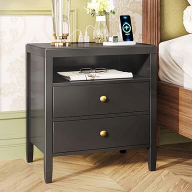 Huuger Black Nightstand Set of 2, Night Stand with Charger Station, Bedside Table with 2 Drawers, Bed Side Tables for Bedroom, Modern Nightstands, Metal Knobs, Painted Surface - Image 4