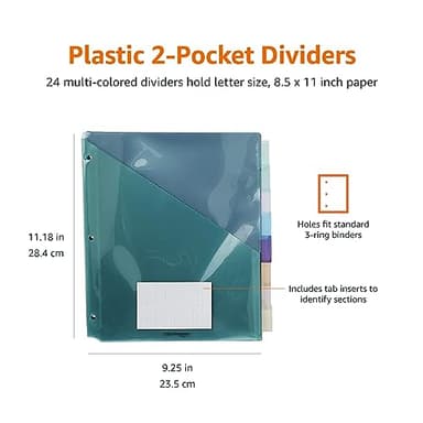 Amazon Basics Tab Dividers for 3 Ring Binder, Two Pocket, Letter Size, Assorted Colors, 24 Count - Image 8