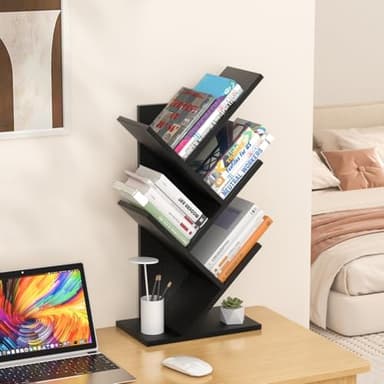 SHEEPAM 5 Tier Tree Book Shelf, Small Desktop Bookshelf with Storage Organizer, Wood Bookcase, Desk Display Bookshelves, Floor Standing Organizer Bookcases for Living Room,Bedroom,Office-Black - Image 4