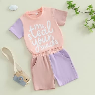 FOCUSNORM Toddler Baby Girls Summer Clothes Letter Short Sleeve T-shirt Top Shorts Sets Cute Newborn Infant Outfits 6M-3T (Contrast Pink, 6-12 Months) - Image 6
