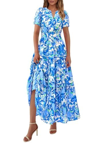 PRETTYGARDEN Women's 2025 Summer Boho Maxi Dresses Floral Short Sleeve V Neck A Line Tiered Flowy Long Beach Vacation Dress (Floral Blue,Large) - Image 1