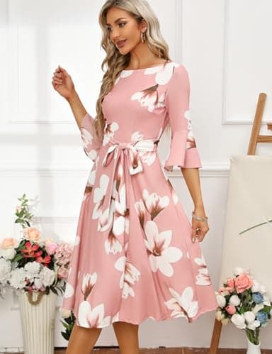 HomRain Modest for Church Elegant 3/4 Sleeve Dress for Women Casual Work Bell Sleeve Dresses for Formal Bridesmaid Wedding Guest Blush-White-Flower 3XL - Image 2