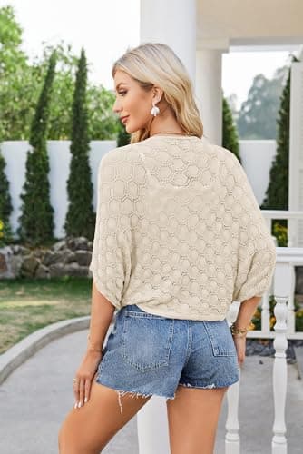 Women's 2024 Batwing Crochet Open Front Summer Shrug Cardigan Apricot M - Image 5