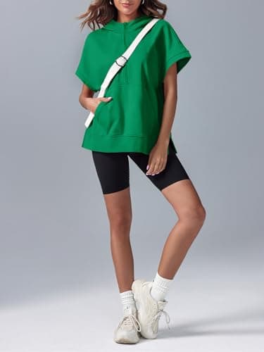 Fisoew Womens Oversized Half Zip Hoodies Short Sleeve Casual Sweatshirts Pullover Tops with Pockets Green - Image 5