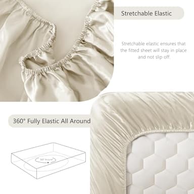 CozyLux Satin Fitted Sheet Queen Size, Beige Silky Satin Bed Fitted Sheet Only with Silky Microfiber, Deep Pocket, Single Bottom Sheet Sold Separately, Breathable, Smooth and Soft - Image 4