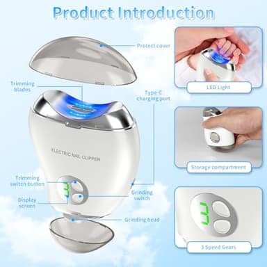 Automatic Electric Nail Clipper, 2 in 1 Baby Nail Trimmer with LED Light & Storage Box, Rechargeable Portable Fingernail Cutter with 3 Speed Gears, Safe Nail File for Baby, Kids, Adults - Image 3