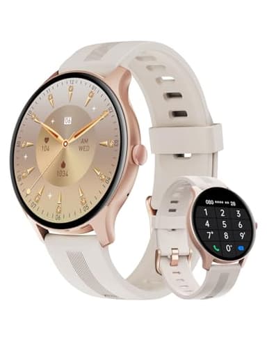 HUAKUA Smart Watches for Women Men (Answer/Make Calls) Compatible with iPhone/Android Phones, Round Smartwatch Fitness Tracker with Heart Rate Monitor Sleep/Steps Tracker Waterproof (Starlight/Gold) - Image 1