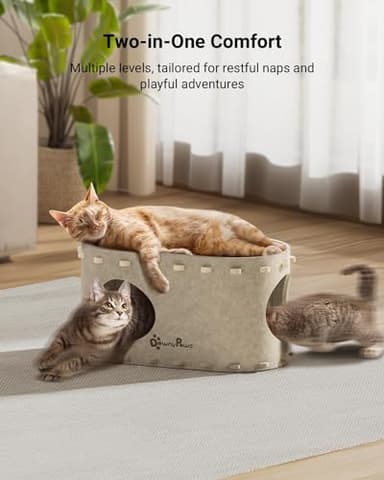 DownyPaws Cat House for Indoor Cats, Cat Bed Cave for Multiple & Large Cats Up to 22 Lbs, Scratch Resistant, Foldable Peekaboo Kitten Caves Tunnel Enclosed Bed, PeekaPurr, Cream - Image 2