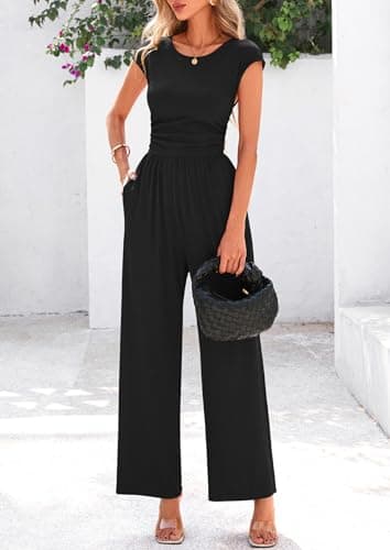PRETTYGARDEN Summer Jumpsuits for Women Dressy 2025 Ribbed Cap Sleeve Wide Leg Pants Rompers Elegant Casual One Piece Outfits (Black,Medium) - Image 3