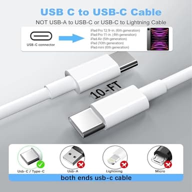 GKW iPad Charger Fast Charging for Apple iPad 10th Generation Charger 10.9", iPad A16 11th 11-inch, 2025 iPad Air 13/11 M3 M2 6th/5th, Mini 7 A17 Pro, 20W USBC Block Long 10ft USB C Cable,2-Pack White - Image 6