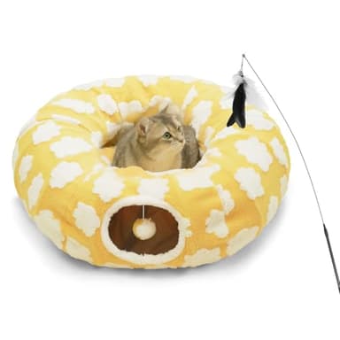 TSEB4TEP Cat Tunnel Bed for Indoor Cats,Soft Peekaboo Cave Cat Donut Tunnel with Washable Circle Cushion Central Mat, 3 Ways Shaped Round Pet Play Tunnel Toy for Kitten Puppy Rabbit Ferret Yellow - Image 1