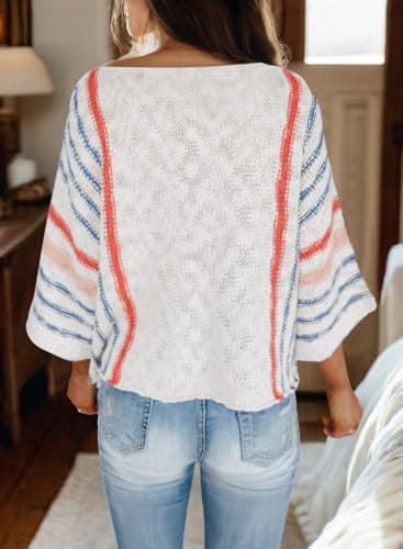 Dokotoo Womens Sweaters Casual Fall Winter 2025 Crewneck Color Block Striped 3/4 Sleeve Loose Lightweight Crochet Knit Trendy Pullover Sweaters for Women Tops Shirts White Medium - Image 2