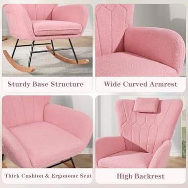 VECELO Rocking Chair Nursery with Thick Headrest, Modern Teddy Upholstered Reading Glider Rocker Accent Armchair with High Backrest, Padded Seat, Side Pocket, for LivingRoom, Bedroom, Baby Room, Pink - Image 7