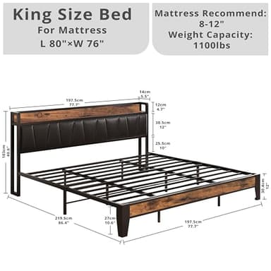 LIKIMIO King Bed Frame, Storage Headboard with Charging Station, Solid and Stable, Noise Free, No Box Spring Needed, Easy Assembly (Vintage and Black) - Image 2