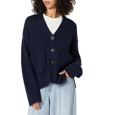 The Drop Women’s Brigitte Chunky Button Front Pocket Ribbed Cardigan, Navy, XXS - Image 1