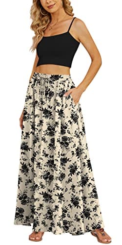 Yincro Women's Flowy Maxi Skirt Summer Pleated High Waisted Casual Long Skirts with Pockets (Black Flower Light Beige, XL) - Image 1