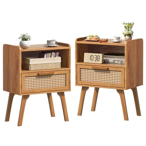 Lerliuo Rattan Nightstands Set of 2, Side Table with Drawer, Cane Accent Bedside End Table with Solid Wood Legs, Mid Century Modern Night Stand for Bedroom, Dorm and Small Spaces (Tea Brown) - Image 1