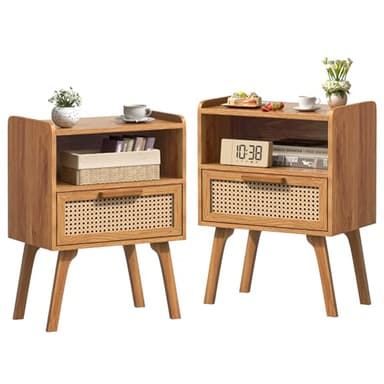 Lerliuo Rattan Nightstands Set of 2, Side Table with Drawer, Cane Accent Bedside End Table with Solid Wood Legs, Mid Century Modern Night Stand for Bedroom, Dorm and Small Spaces (Tea Brown) - Image 1