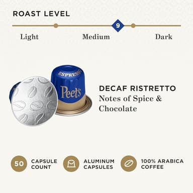 Peet's Coffee, Medium Roast Decaf Espresso Capsules, Compatible with Nespresso Original Machine - Decaf Ristretto Intensity 10, 50 Count (5 Boxes of 10 Espresso Capsules) - Image 3