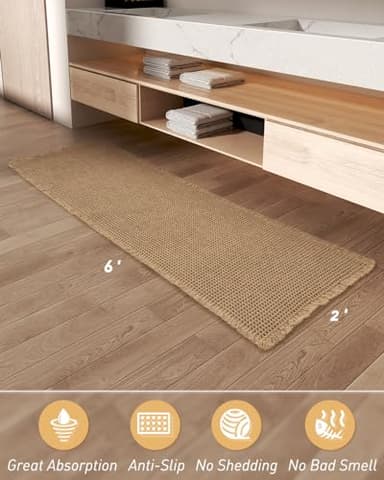 Upgraded Waffle Runner Rug, Super Absorbent Non Slip Bath Mats for Bathroom Floor, Machine Washable Bathroom Runner Rug with Tassels, Ideal for Hallway Bedroom Laundry Room, Brown, 2'x 6'(24" x 72") - Image 6