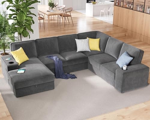 PaPaJet U Shaped Couch, 112 Inch Oversized Couch with Storage Chaise, Sectional Sofa with Cup Holders & 2 USB Ports, Corduroy Grey Sofa - Image 1