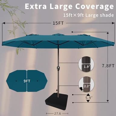AreShark 15FT Large Patio Umbrella with Base Included, Double Sided Extra Large Outdoor Umbrella, Rectangular Patio Market Umbrella for Pool, Yard, Lawn Garden (Lake Blue) - Image 2