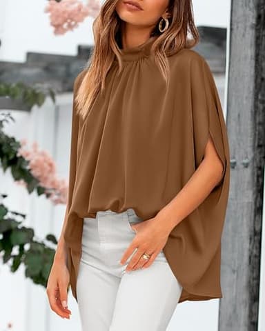 BTFBM Womens Summer Tops 2025 Fall Mock Neck Batwing Sleeve Shirts Loose High Low Hem Oversized Dressy Casual Blouses(Brown, X-Small) - Image 8